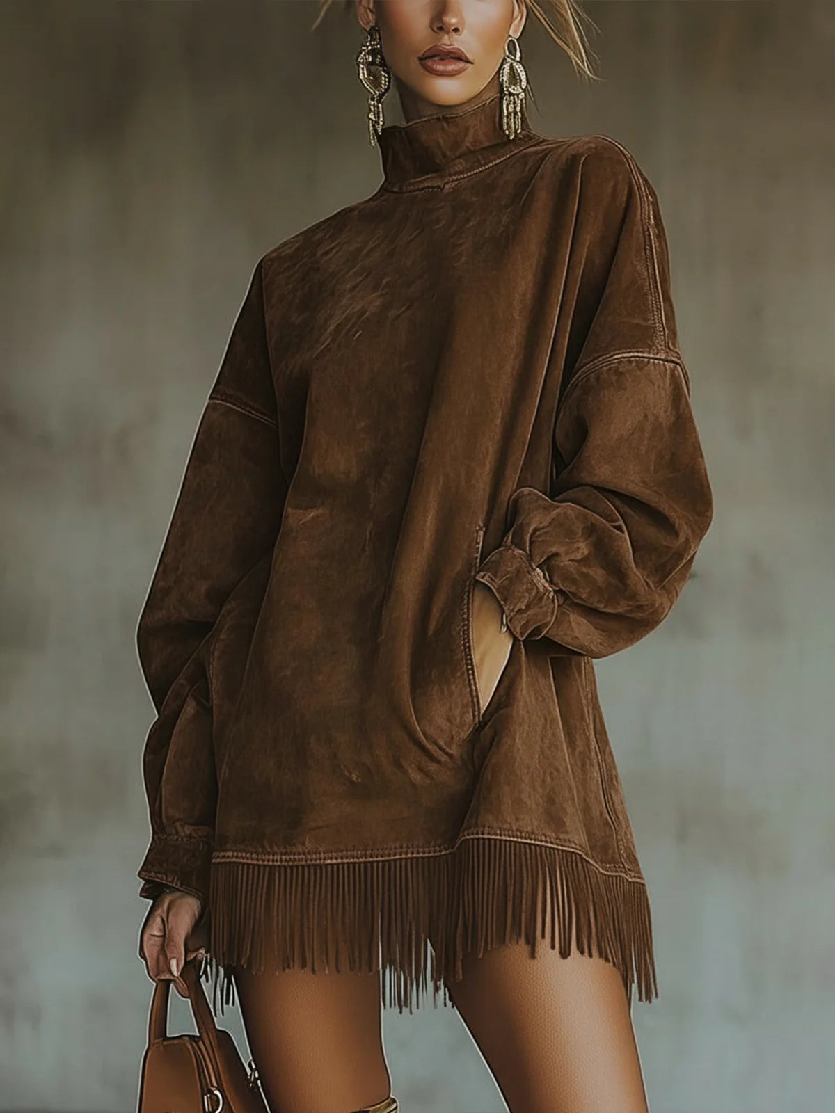 Darcie Suede Fringe Turtleneck Dress
