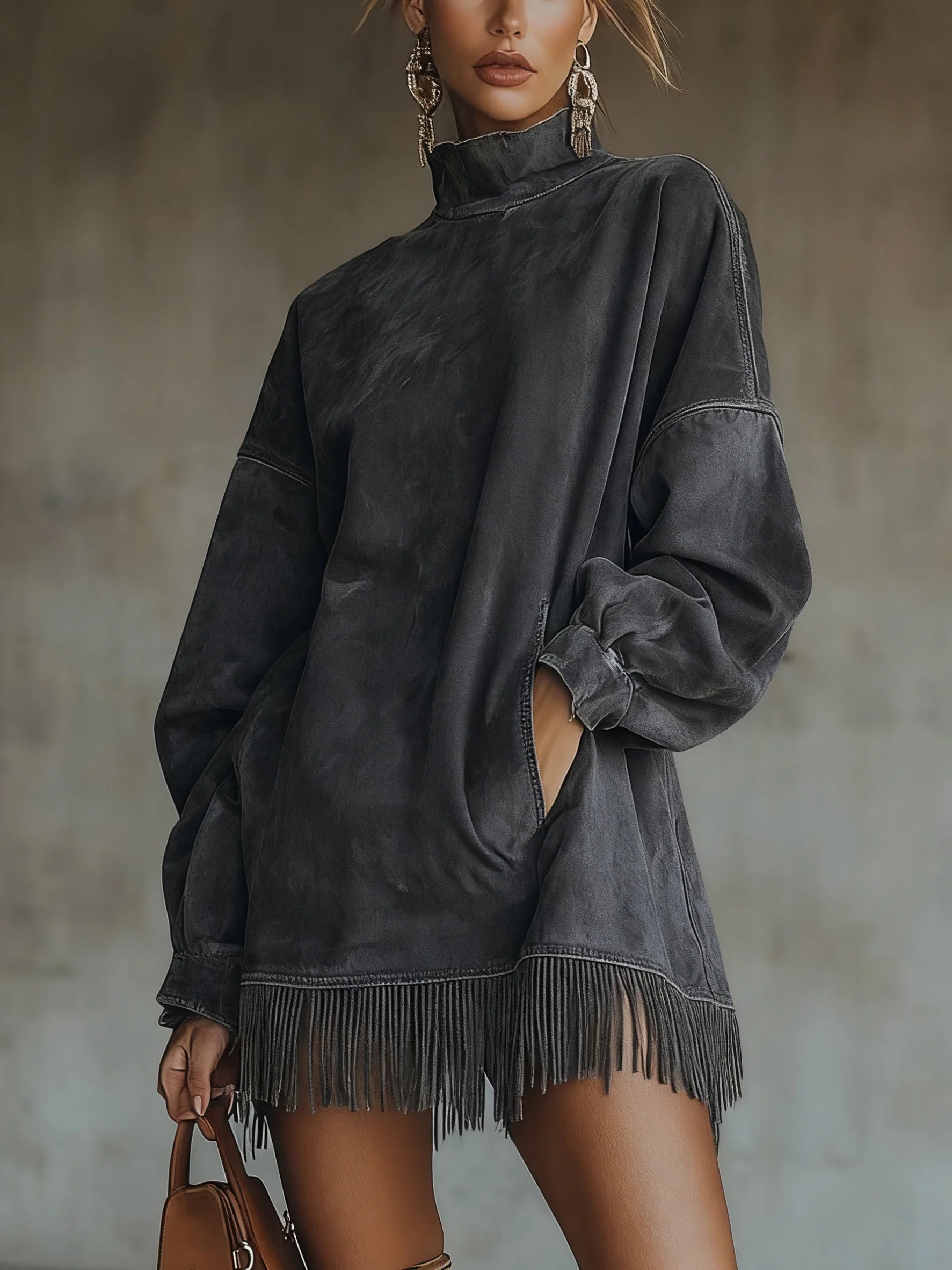 Darcie Suede Fringe Turtleneck Dress