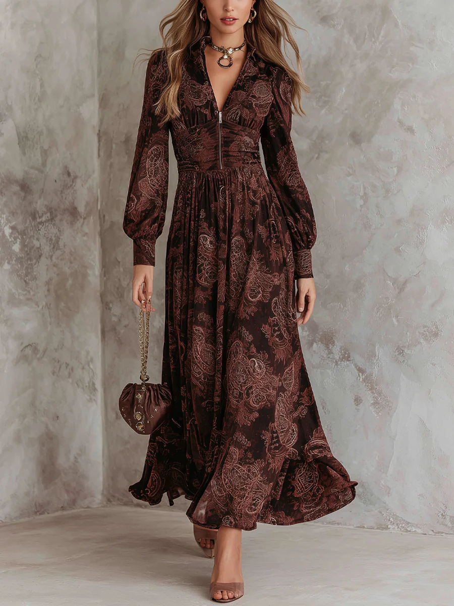 Marlene Paisley Zip-Neck Midi Dress